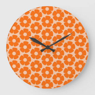 Orange and Peach Retro 60s Floral Pattern  Large Clock