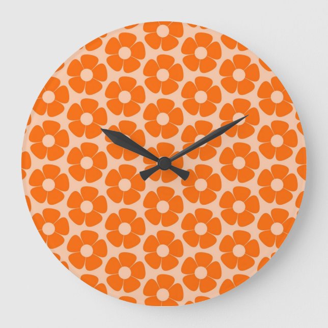 Orange and Peach Retro 60s Floral Pattern  Large Clock (Front)