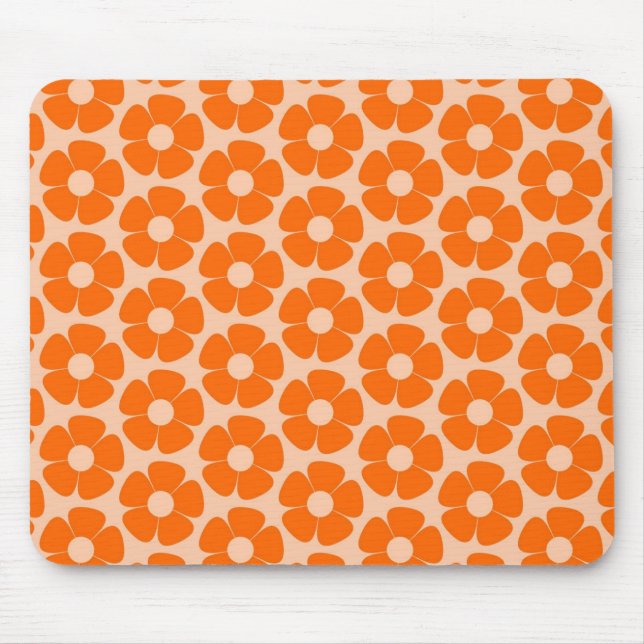 Orange and Peach Retro 60s Floral Pattern Mouse Mat (Front)