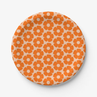 Orange and Peach Retro 60s Floral Pattern Paper Plate