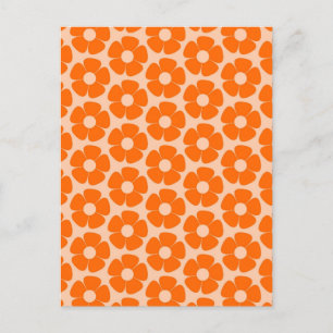 Orange and Peach Retro 60s Floral Pattern Postcard