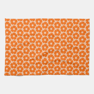 Orange and Peach Retro 60s Floral Pattern  Tea Towel