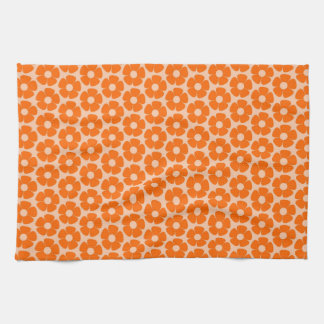 Orange and Peach Retro 60s Floral Pattern Tea Towel