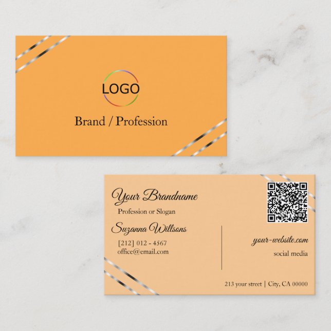 Orange and Peach with Silver Lines Logo QR Code Business Card (Front/Back)