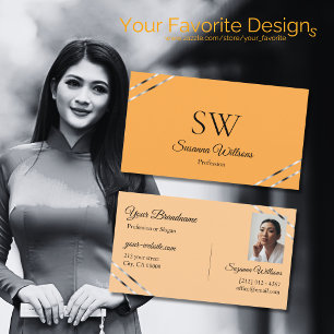 Orange and Peach with Silver Lines Monogram Photo Business Card