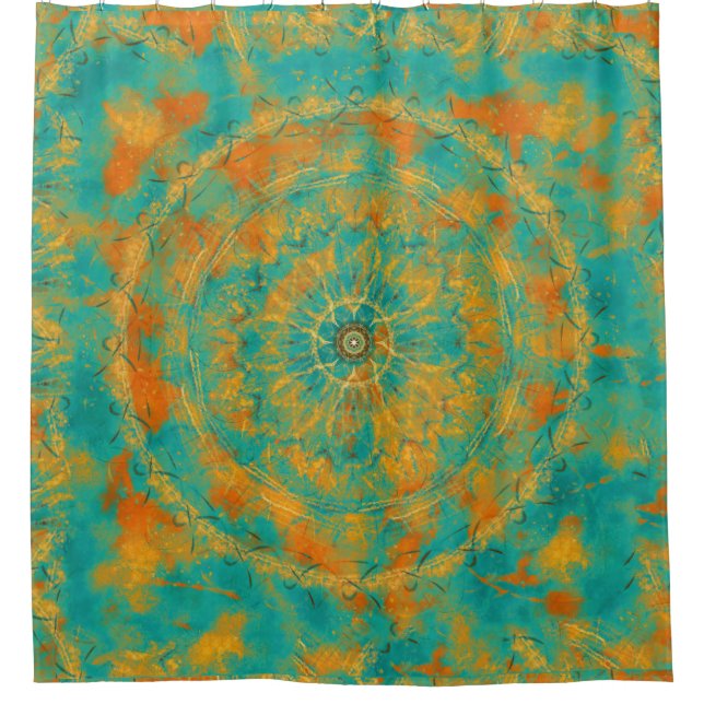 Orange and Peacock Green Primitive Mandala Shower Curtain (Front)