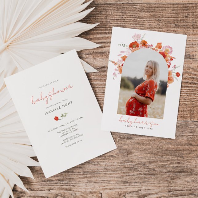 Orange and Pink Boho Floral Arch Photo Baby Shower Invitation (Creator Uploaded)