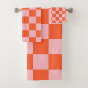 Orange and Pink Chequerboard Pattern Bath Towel Set