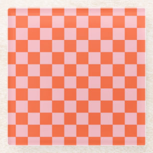 Orange and Pink Chequerboard Pattern Glass Coaster