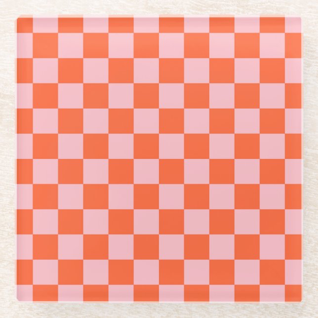 Orange and Pink Chequerboard Pattern Glass Coaster (Front)