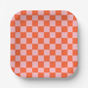 Orange and Pink Chequerboard Pattern Paper Plate