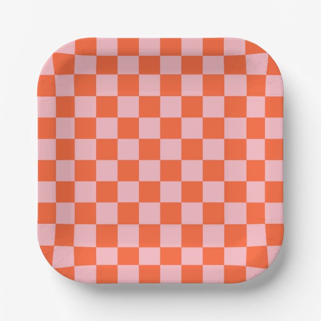 Orange and Pink Chequerboard Pattern Paper Plate (Front)