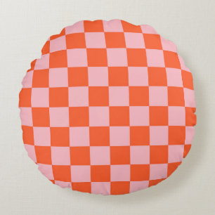 Orange and Pink Chequerboard Pattern Round Cushion
