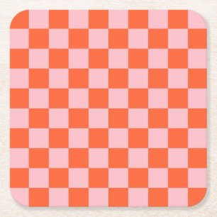 Orange and Pink Chequerboard Pattern Square Paper Coaster