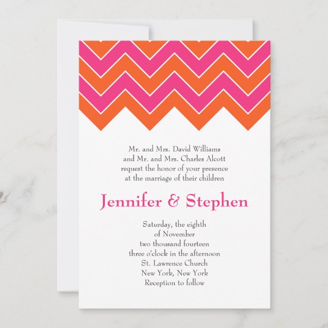 Orange and Pink Chevron Wedding Invitation (Front)