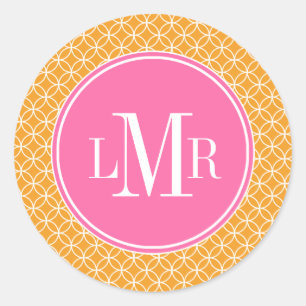 Orange and Pink Circles Pattern Monogram Classic Round Sticker