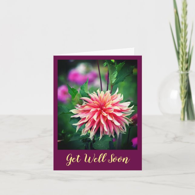 Orange and Pink Dahlia Flower Get Well Soon Card (Front)