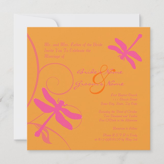 Orange and Pink Dragonfly Wedding Invitation (Front)