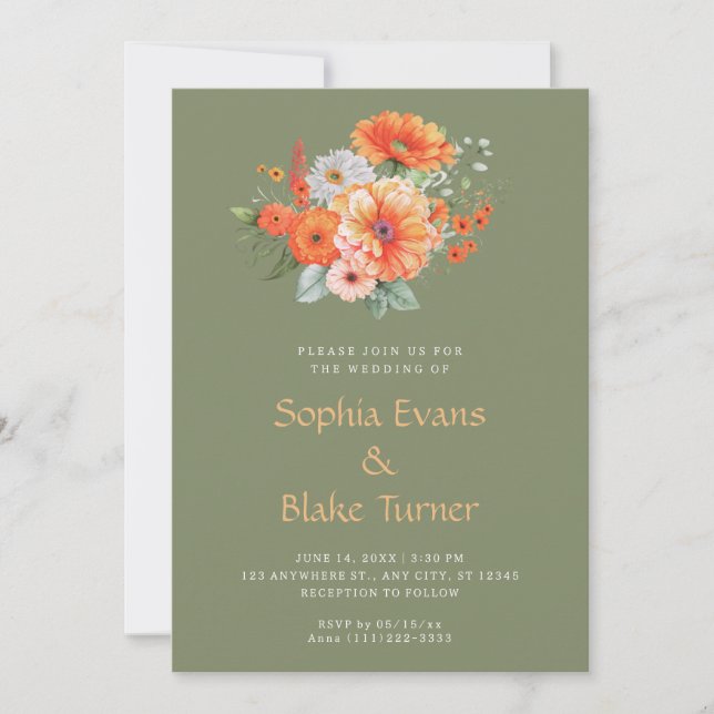 Orange And Pink Floral Bouquet Green Wedding Invitation (Front)