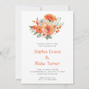Orange And Pink Floral Bouquet White Wedding Invitation