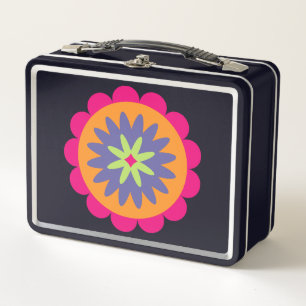 orange and pink floral shapes illustration metal lunch box