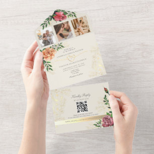 Orange and Pink Floral Wedding All In One Invitation