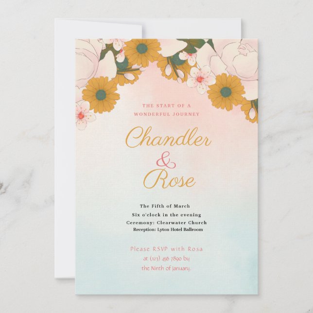 Orange and Pink Floral Wedding Invitation (Front)