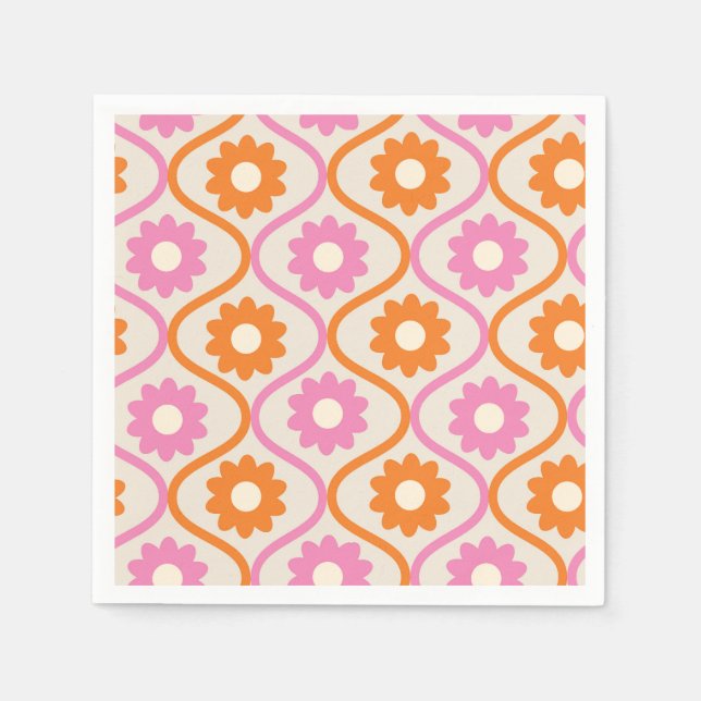 Orange and Pink Flowers on Mid Century Ogee  Napkin (Front)