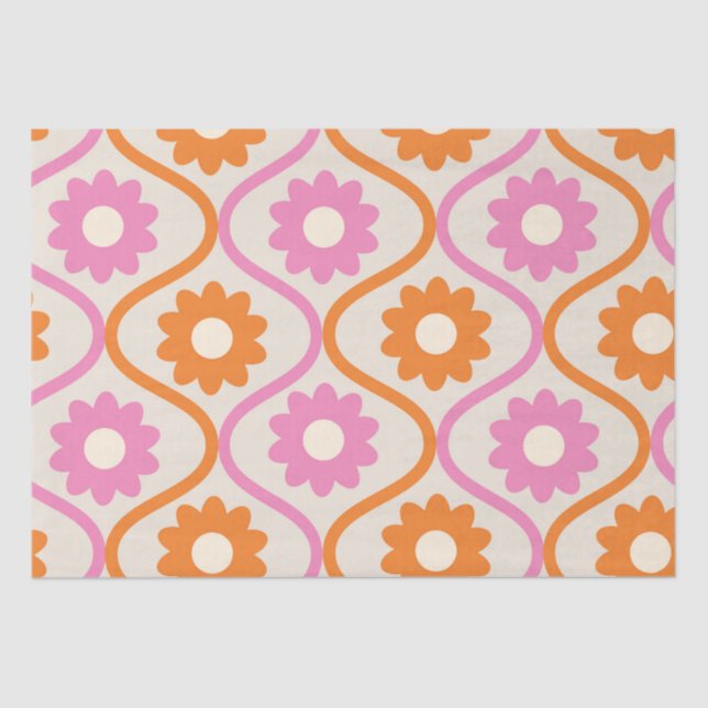 Orange and Pink Flowers on Mid Century Ogee  Tissue Paper (Front)