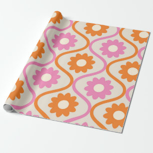Orange and Pink Flowers on Mid Century Ogee Wrapping Paper