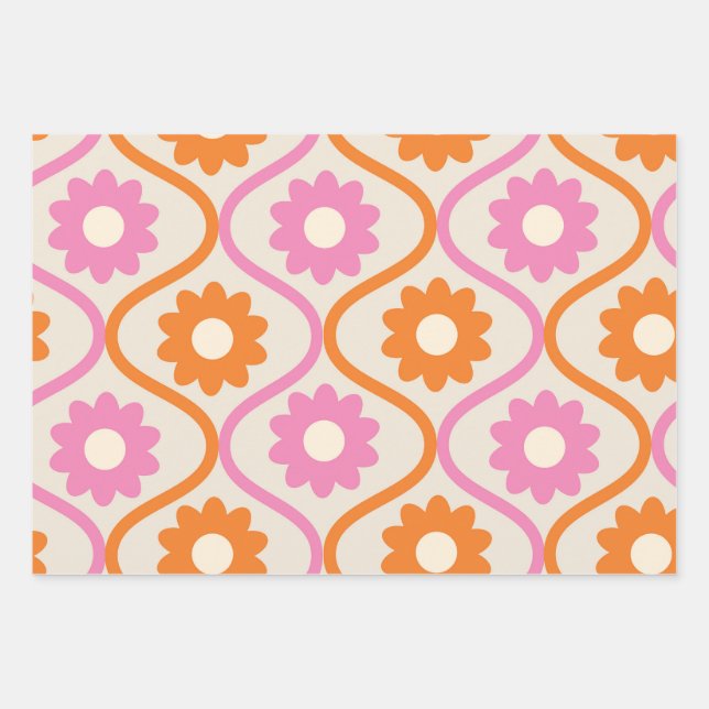 Orange and Pink Flowers on vintage Ogee  Wrapping Paper Sheet (Front)