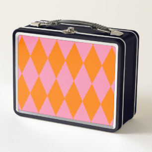 Orange and Pink Harlequin Checkered Design Metal Lunch Box