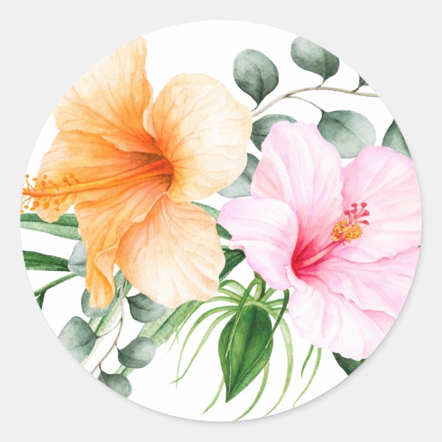 Orange and Pink Hibiscus Tropical Floral Classic Round Sticker (Front)