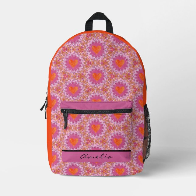Orange and Pink Mandala with Hearts and Name  Printed Backpack (Front)