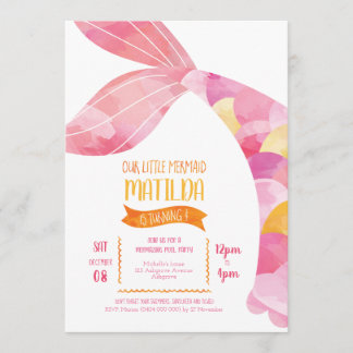 Orange and Pink Mermaid Pool Party Birthday Invitation