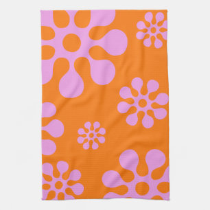 Orange And Pink Retro Flowers Tea Towel