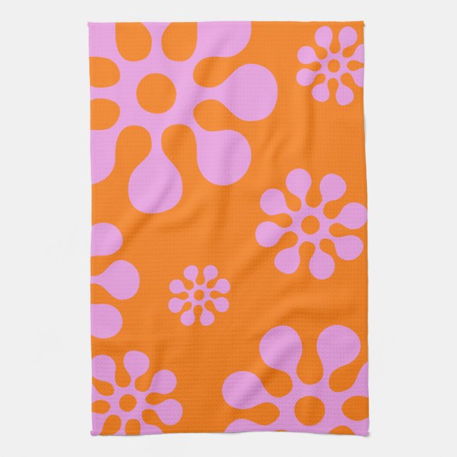 Orange And Pink Retro Flowers Tea Towel (Vertical)