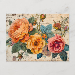 Orange and Pink Roses on Rustic Wood Postcard
