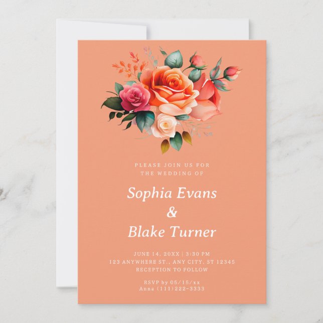 Orange and Pink Roses Orange Floral Wedding Invitation (Front)
