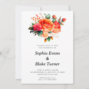 Orange and Pink Roses White Floral Wedding Invitation