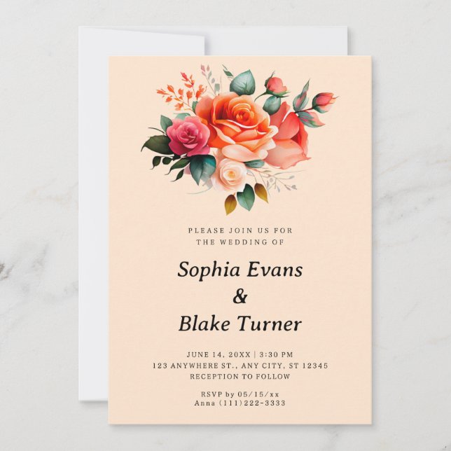 Orange and Pink Roses Yellow Floral Wedding Invitation (Front)