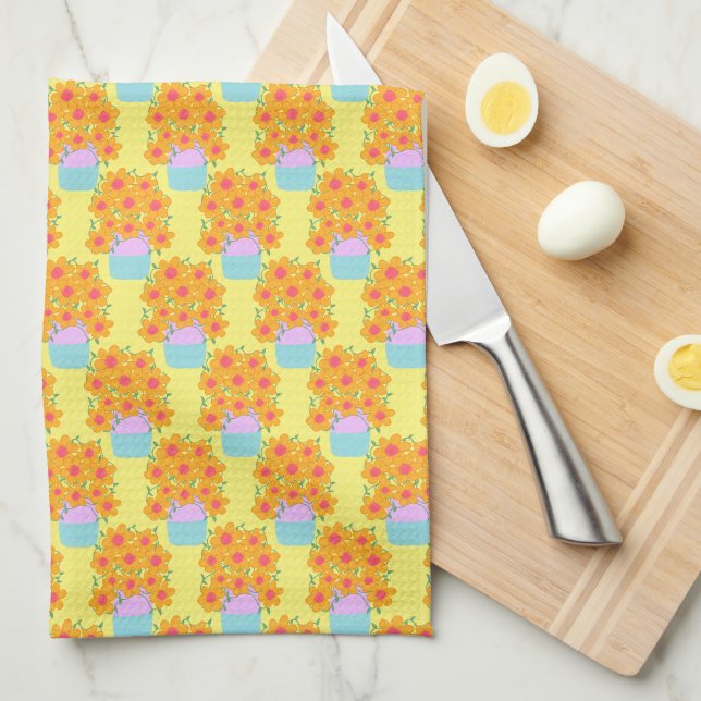 Orange And Pink Spring Flowers Tea Towel (Quarter Fold)