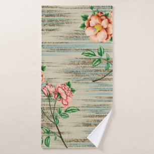 Orange and pink vintage flowers with green leaves  bath towel