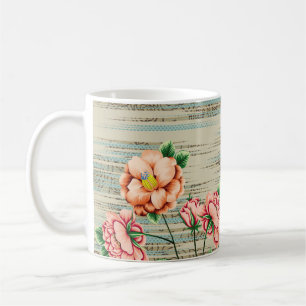 Orange and pink vintage flowers with green leaves coffee mug