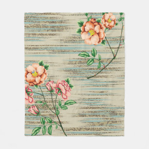 Orange and pink vintage flowers with green leaves fleece blanket