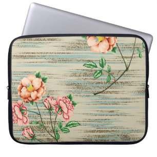 Orange and pink vintage flowers with green leaves laptop sleeve