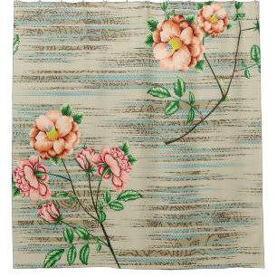 Orange and pink vintage flowers with green leaves shower curtain