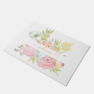 Orange and pink watercolor floral personalised doormat