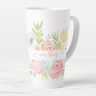 Orange and pink watercolor floral personalised latte mug