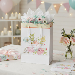 Orange and pink watercolor floral personalised medium gift bag